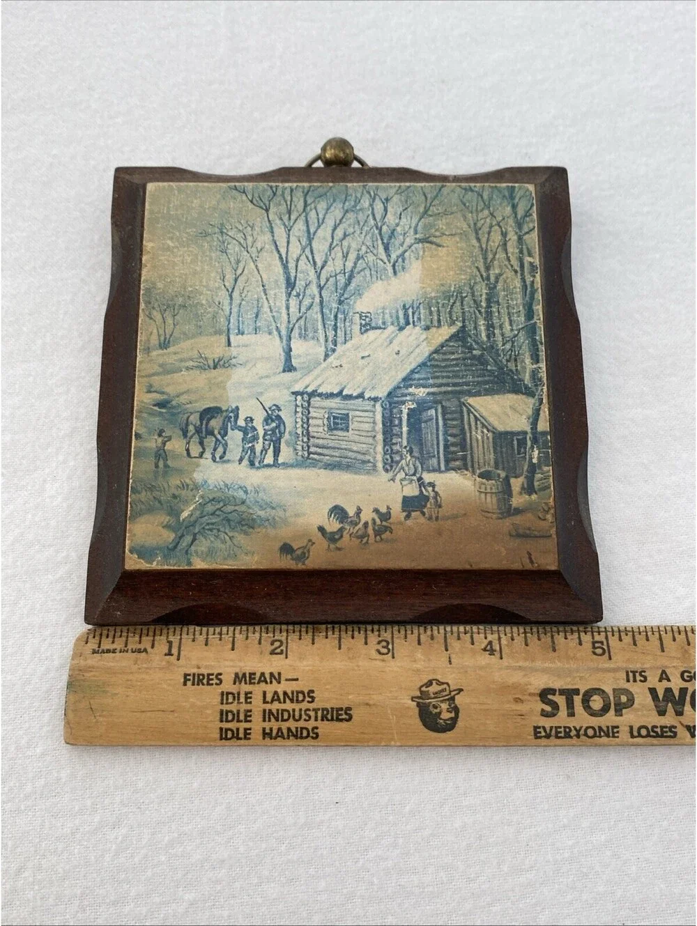 Vintage Mini Wall Plaque Home in the Wilderness 5x5 Brown Snowy  Woods